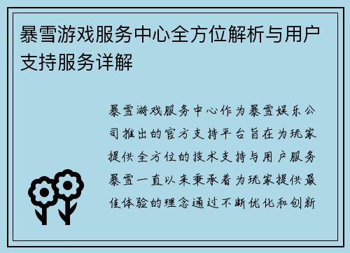 暴雪游戏服务中心全方位解析与用户支持服务详解