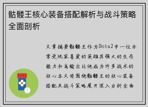 骷髅王核心装备搭配解析与战斗策略全面剖析